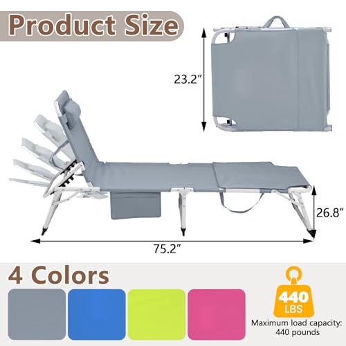 Majnesvon - 3-in-1 Heavy Duty Tanning Chair with Face Hole Adjustable 5-Position Folding Chaise Lounge Chairs Portable Lay Flat Beach Lounge Chair for Outdoor Sunbathing Patio Pool Lawn Camping Deck (Gray)