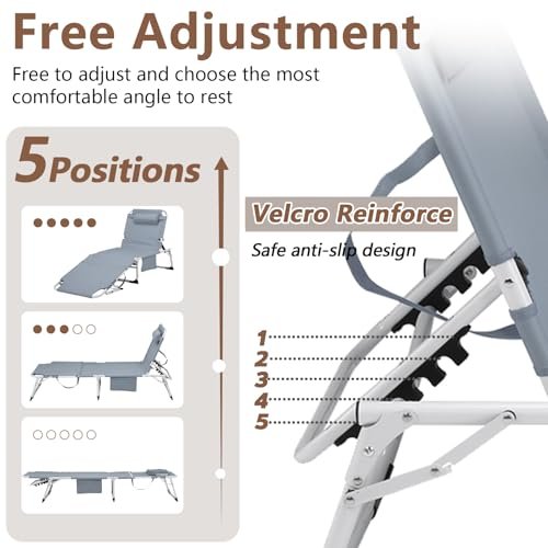 Majnesvon - 3-in-1 Heavy Duty Tanning Chair with Face Hole Adjustable 5-Position Folding Chaise Lounge Chairs Portable Lay Flat Beach Lounge Chair for Outdoor Sunbathing Patio Pool Lawn Camping Deck (Gray)