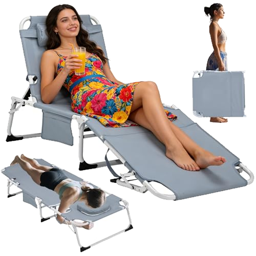 3-in-1 Heavy Duty Tanning Chair with Face Hole Adjustable 5-Position Folding Chaise Lounge Chairs Portable Lay Flat Beach Lounge Chair for Outdoor Sunbathing Patio Pool Lawn Camping Deck (Gray)