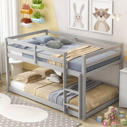Majnesvon Solid Wood Twin Over Twin Bunk Bed Frame with Full Guardrails & Integrated Ladder