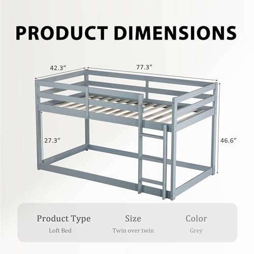 Majnesvon - Majnesvon Twin Over Twin Floor Low Bunk Bed with Safety Guardrail