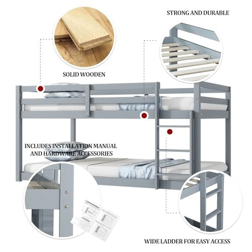 Majnesvon - Majnesvon Twin Over Twin Floor Low Bunk Bed with Safety Guardrail
