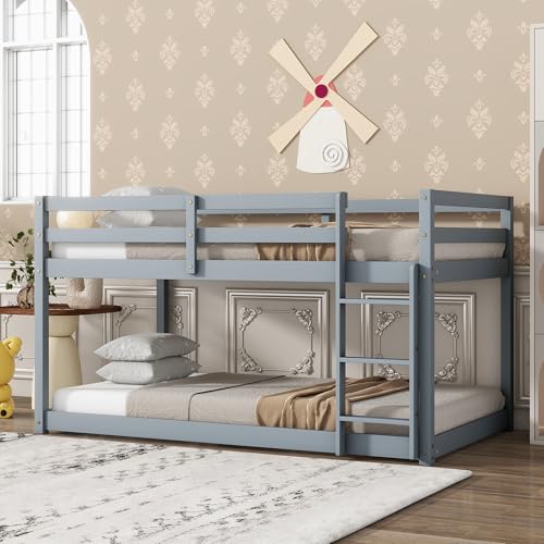 Majnesvon Twin Over Twin Floor Low Bunk Bed with Safety Guardrail